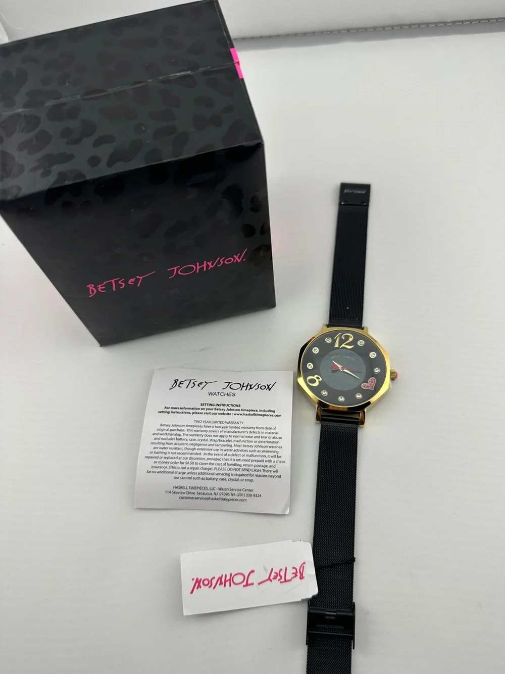 Betsey Johnson Black and Gold Tone Women's Heart Accent Watch with Pink Details